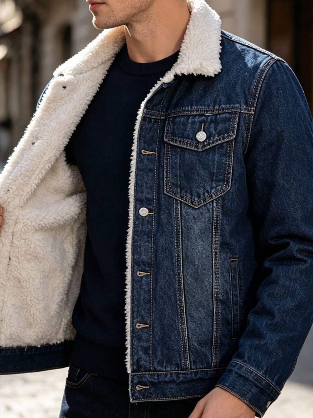 Deep Blue Boho Men's Lapel Lined Jean Jacket